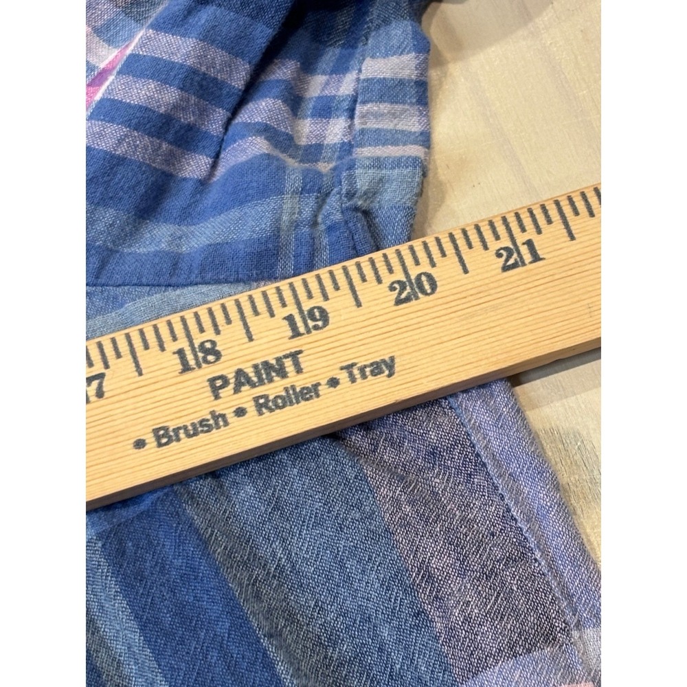 Beach Lunch Lounge Blue Purple Plaid Linen Cotton Square Neck Ruffle Top Large - Picture 8 of 13